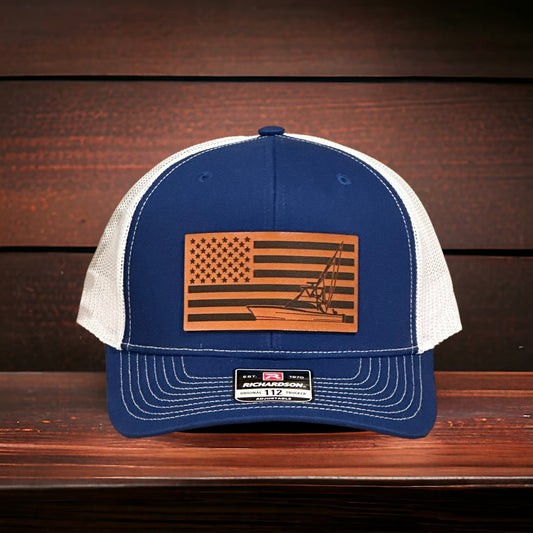 Yupoong 6606 Hat with American Flag with Sportfishing boat patch