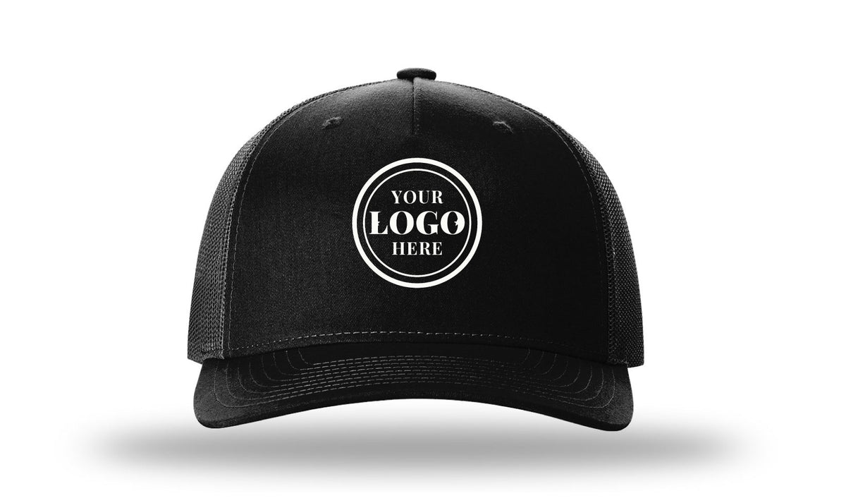 Richardson 112FP five-panel trucker cap, black/charcoal, with 2.1 in embroidered logo placeholder