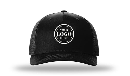 Richardson 112FP five-panel trucker cap, black/charcoal, with 2.1 in embroidered logo placeholder