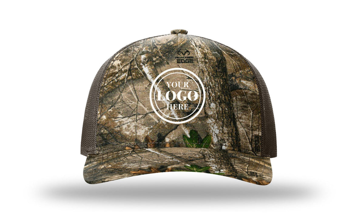 Richardson 112PFP printed camo trucker cap, Realtree Edge, with 2.1 in embroidered logo placeholder