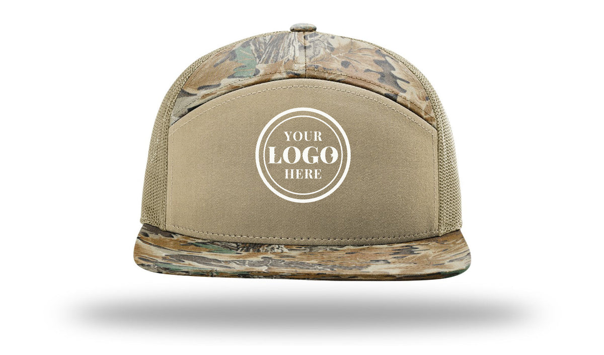 Richardson 168P seven-panel camo trucker cap, Realtree Advantage/khaki, with 2.1 in embroidered logo placeholder