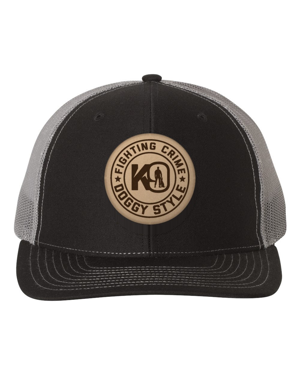 Fighting Crime Doggy Style leather patch on a Richardson 112 trucker hat