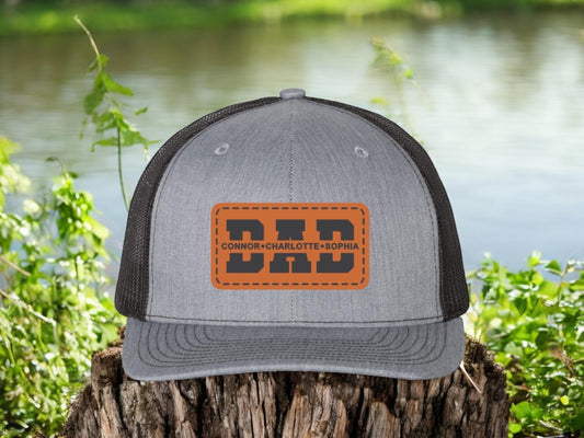 Personalized Leather Patch "DAD" Hat: Custom Kids' Names